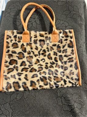 Leopard Print Faux Fur Tote with Tan Trim